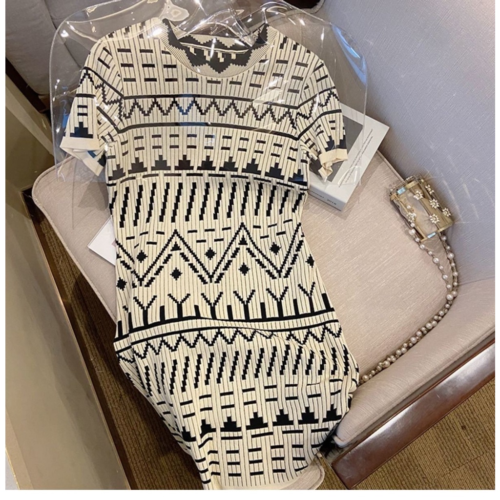 Đầm ZHELIHANGFEI dệt kim họa tiết hình học nhẹ nhàng xinh xắn