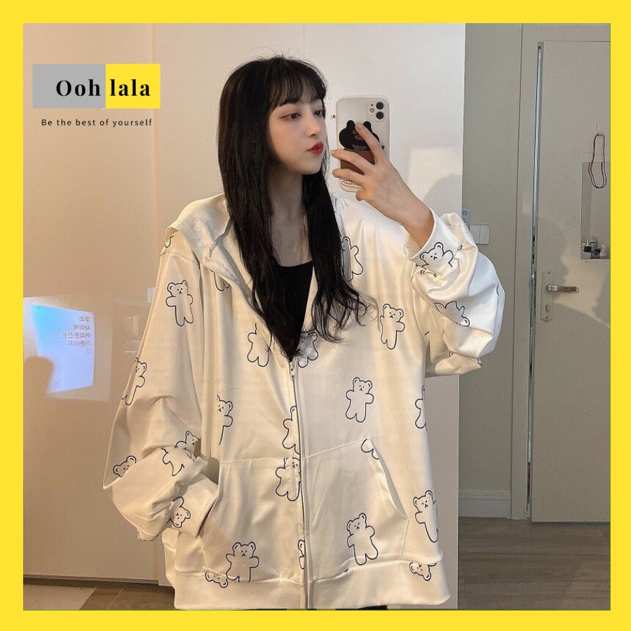 Áo Khoác Nữ Trắng Họa Tiết Gấu Có Mũ - Áo Hoodie Đôi Khóa Kéo Tiện Lợi
