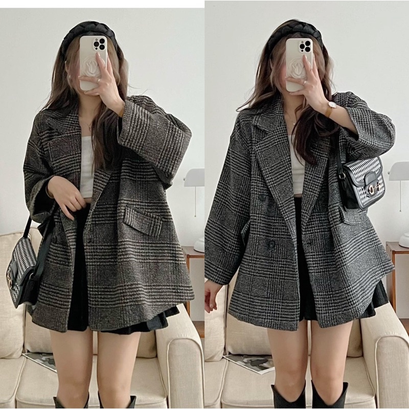 [Ảnh thật/Video]Áo khoác dạ kẻ nắp túi phong cách Ulzzang