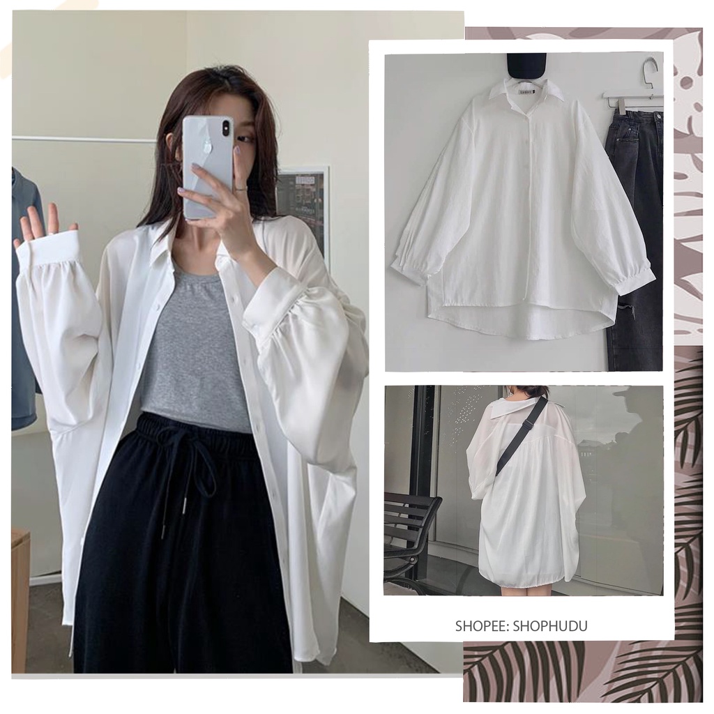 A017 Áo sơ mi nữ trắng tay bồng oversize dáng rộng cute Hàn Quốc, áo chống nắng cỡ to freesize trẻ trung dễ thương