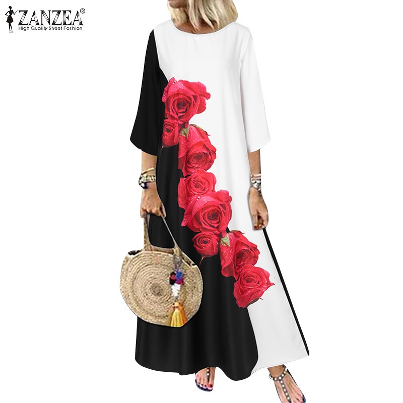 Đầm dài ZANZEA dáng rộng tay 3/4 in họa tiết hoa phong cách vintage dành cho nữ