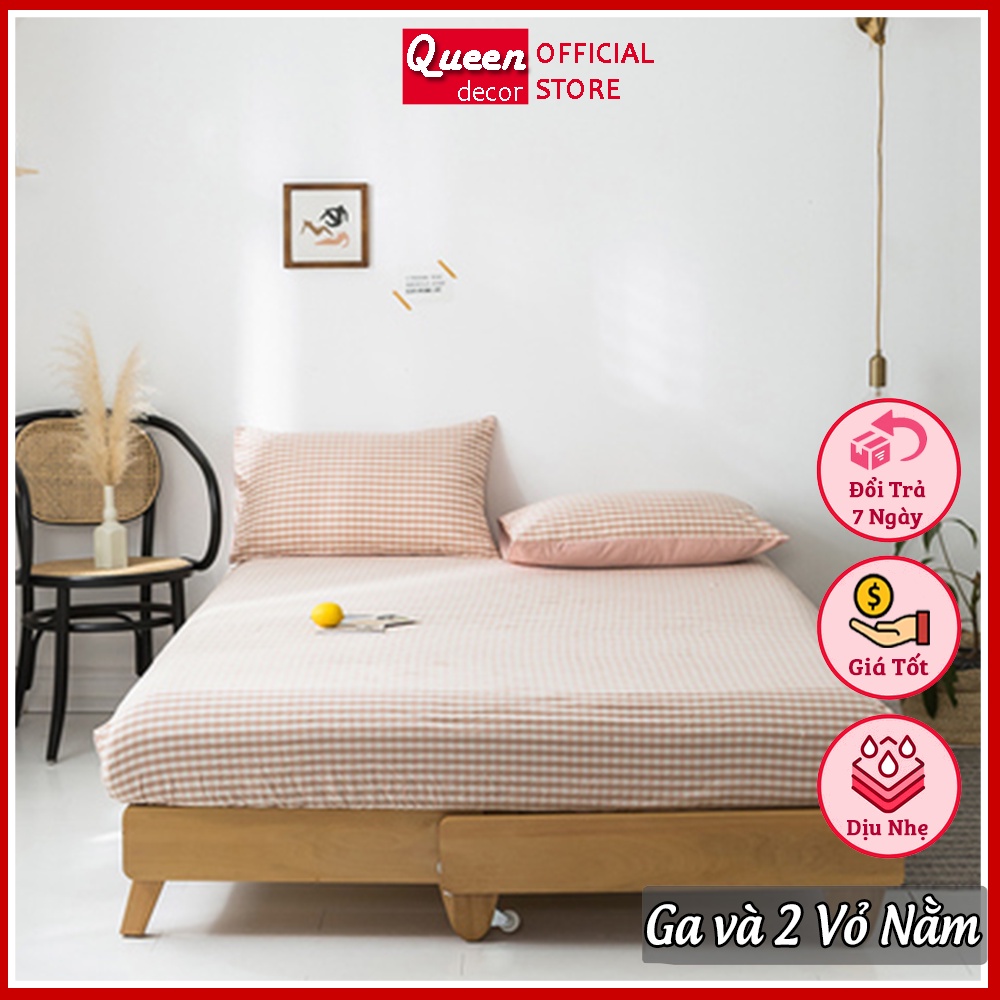 Bộ Ga Giường và 2 vỏ Gối 💖m2/m4/m6/m8💖 Poly Cotton 4 Mùa, Ga Giường Caro Nâu Be Đáng Yêu - QueenDecorvn
