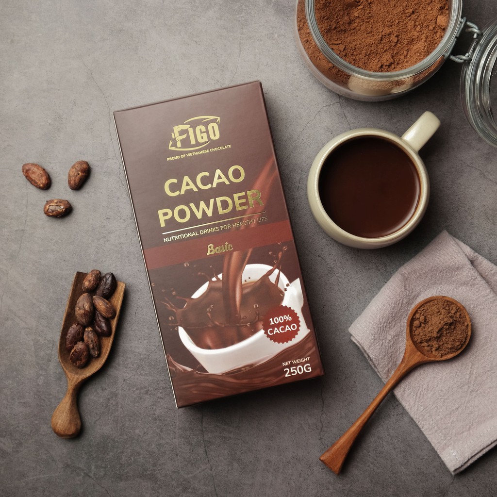 [COMBO 2 HỘP + QUÀ TẶNG ] Bột cacao nguyên chất dòng Basic không đường 250g Figo, keto, diet, lowcarb, ăn kiêng