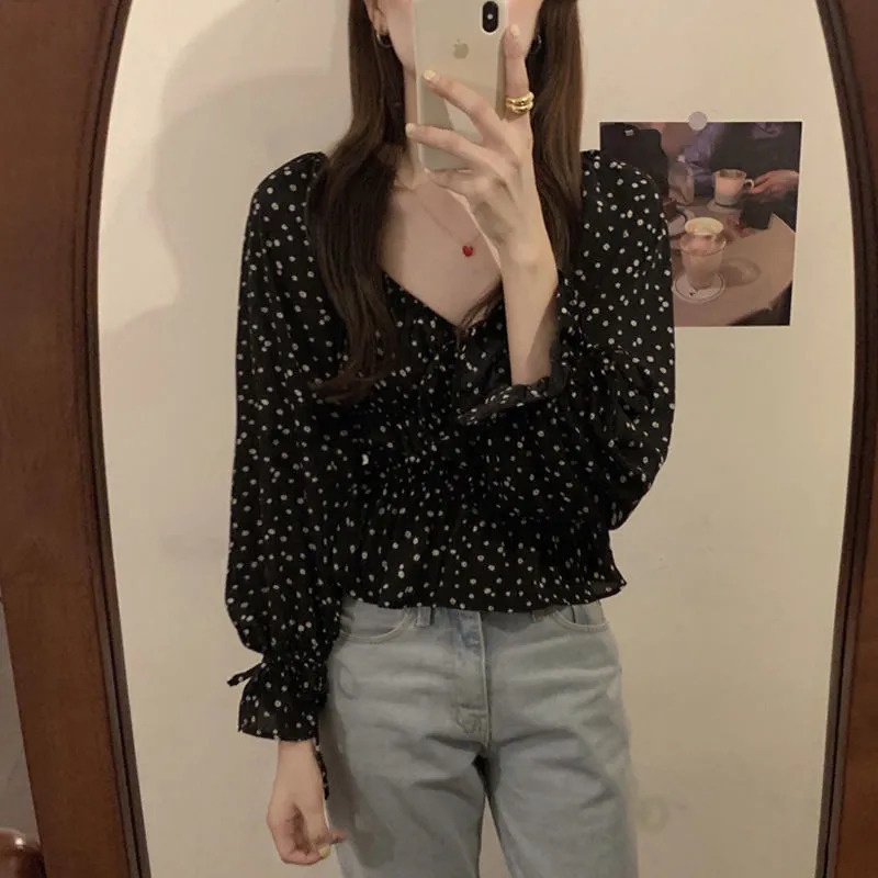Áo Sơ Mi Chiffon Tay Dài Cổ Vuông In Họa Tiết Hoa Phong Cách Pháp Cổ Điển Thời Trang Cho Nữ