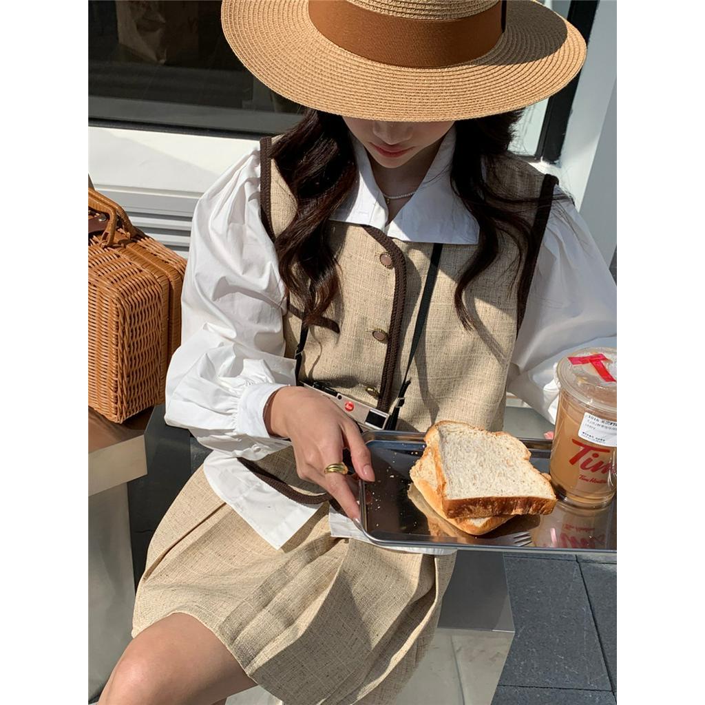 Áo Sơ Mi Nữ Dài Tay Màu Trắng / Xanh Dương Kiểu Pháp 61611