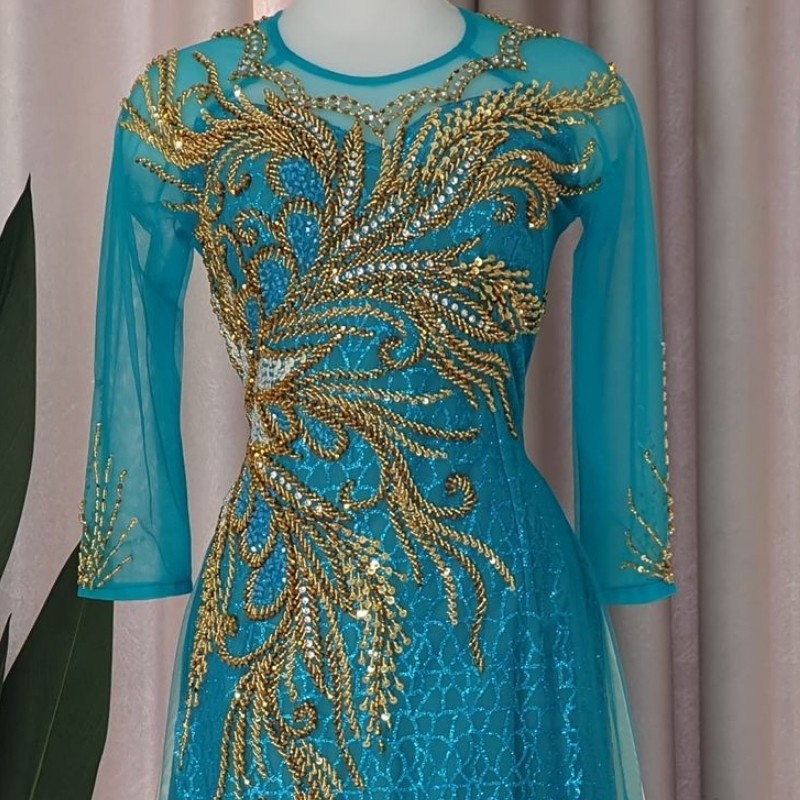 Áo Dài Cho Mẹ Cô Dâu - Áo Dài Sui Màu Xanh Ngọc Kết Kim Sa Sang Trọng ADM012