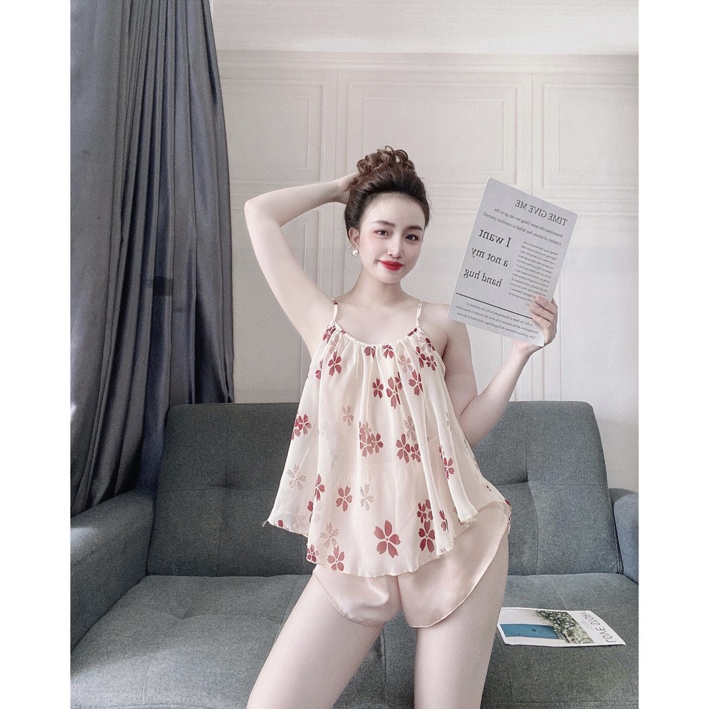 Set đùi 2 dây lụa chiffon phối quần satin mỏng manh siêu quyến rũ form 40-56kg | BigBuy360 - bigbuy360.vn