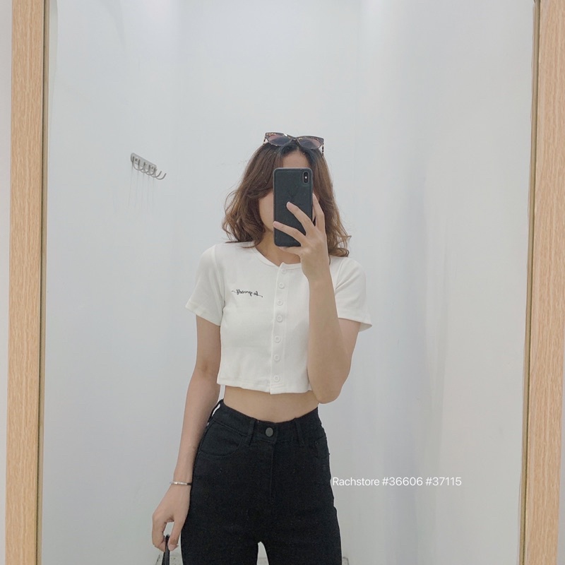 [RÁCH STORE]Áo Croptop Cổ Tròn Thêu Chữ 0643-Quần Jean Ôm Trơn 6161