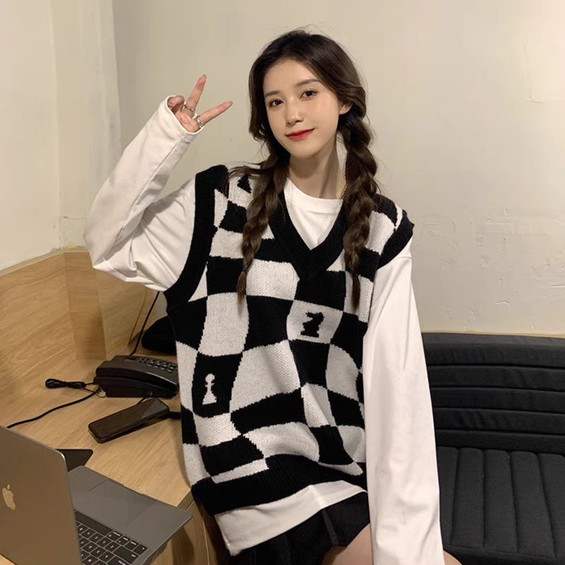 Áo Gile Len Thời Trang Họa Tiết Caro Đen, Áo Len Nữ Cổ Tròn Cao Cấp Phong Cách Hàn Quốc ULZZANG