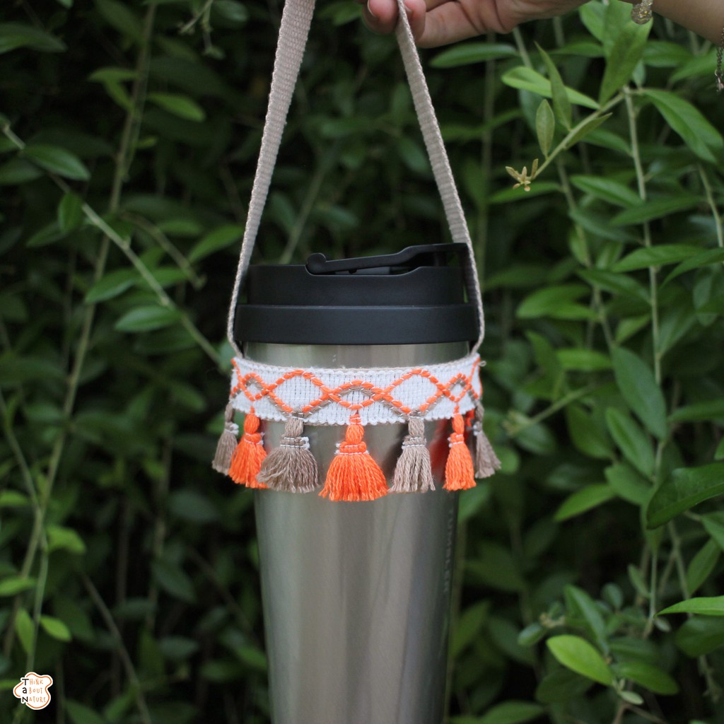 Quai vải dân tộc hoạ tiết thổ cẩm viền tua rua cam nâu/ Quai xách ly giữ nhiệt, ly trà sữa/ Eco friendly cupholder
