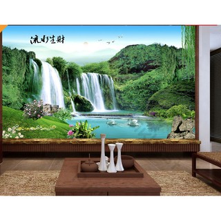 Tranh phong cảnh phong thủy thác nước chảy,Tranh 3d dán tường hiện đại phòng khách,phòng ngủ (tích hợp sẵn keo) MS960891