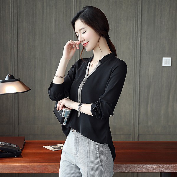 Áo sơ mi nữ cổ chữ V tay dài chất liệu Chiffon sang trọng
