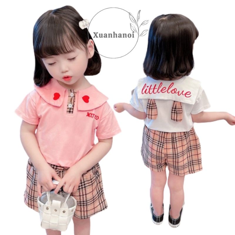 Bộ bé gái cotton cổ tim tai thỏ kèm quần sooc kẻ XHN888