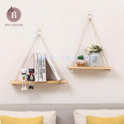 Kệ Gỗ Thông Treo Tường Dây Thừng - Giá Treo Kèm Dây Phong Cách Hàn Quốc - Nhẹ, Nhỏ Gọn - Bảo Hành 6 Tháng Hana Shop