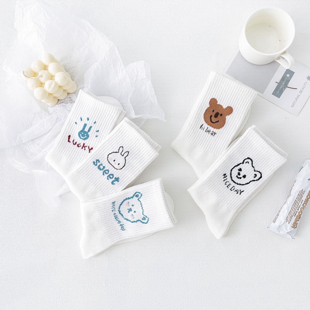 Set 5 đôi Tất gấu màu trắng cho bé cổ cao cotton len siêu đáng yêu