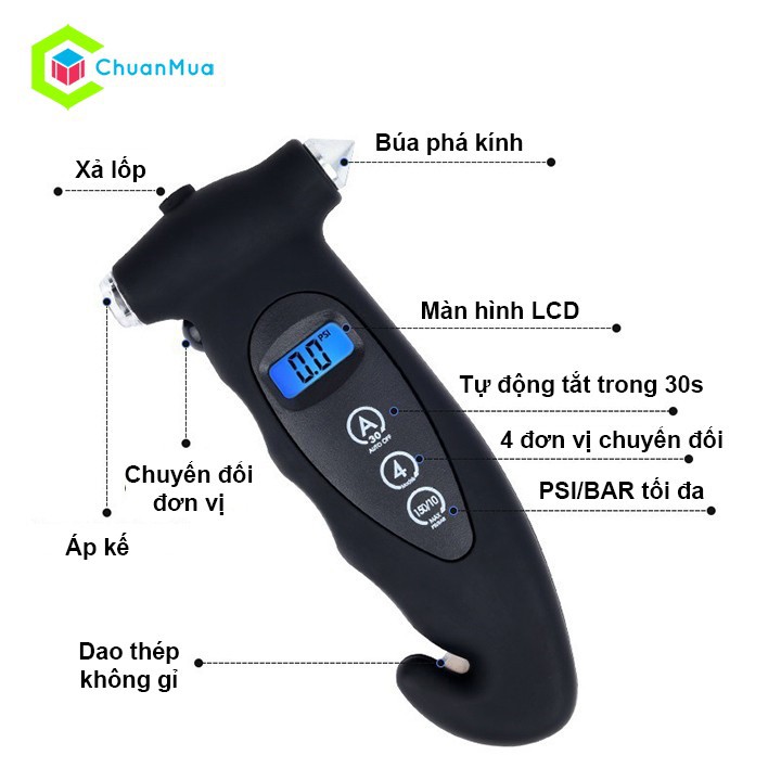 Đo cảm biến áp suất lốp xe ô tô, xe máy đèn led LCD ( Điện tử, Van trong, 4in1: Đo lốp, Xả hơi, Búa phá kính, Dao thép )