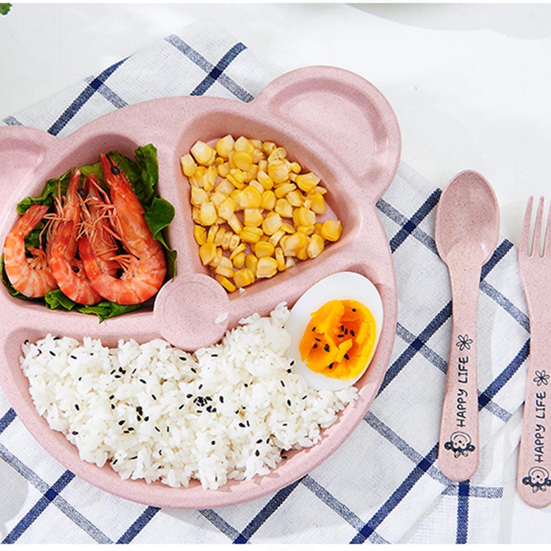 Bộ dụng cụ ăn 3 món gồm đĩa + muỗng + nĩa hình gấu hoạt hình tiện dụng nhiều màu tùy chọn cho trẻ em