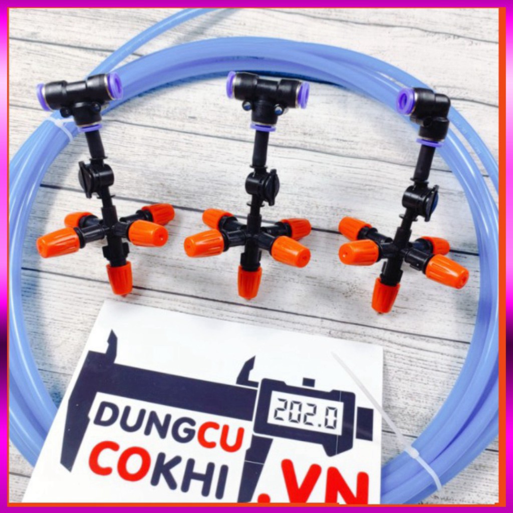 10m dây + 3 Béc phun sương 5 tia nhựa, có chống nhỏ giọt và kết nối nhanh 8mm, dùng tưới cây, tưới lan