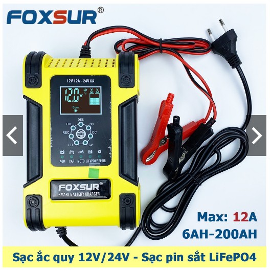 FOXSURE Sạc bình ắc quy 12V12A- 24V6A 6Ah - 200Ah  sạc pin sắt LiFePO4 tự ngắt khi đầy, khử sunfat khôi phục ắc quy