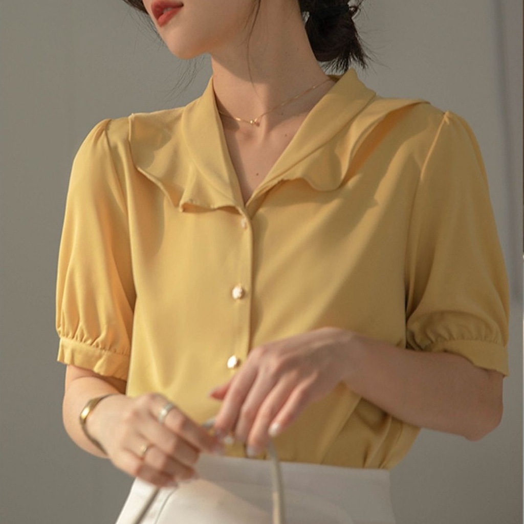 Áo Sơ Mi Công Sở Nữ Ngắn Tay, Áo Kiểu Cổ Bẻ Kẹp Bèo Thời Trang