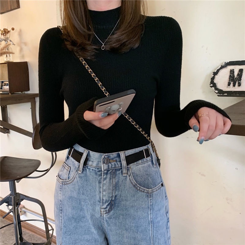 Áo Sweater Dệt Kim Cổ Lọ Tay Dài Dáng Ôm Thời Trang Mùa Thu Xinh Xắn Cho Nữ