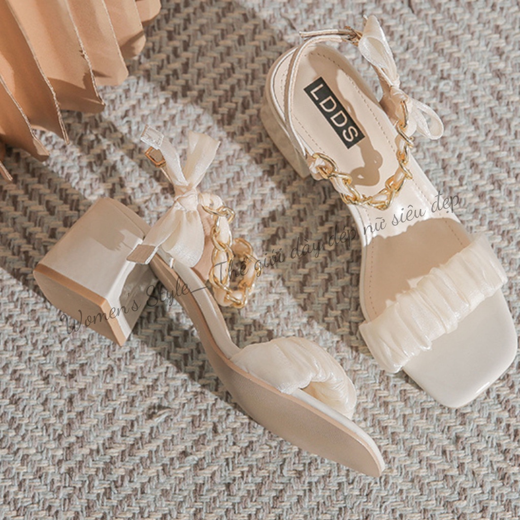 Giày cao gót quai nhún bèo 7 phân Womenstyle quai hậu dây xích thắt nơ phong cách cổ tích size 35-39 TD20