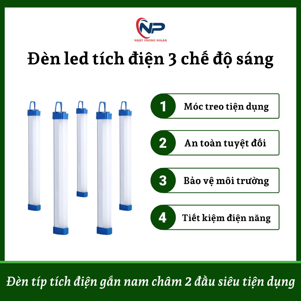 Đèn led tích điện dạng típ 20W,40W,60W có 3 chế độ sáng, nam châm gắn 2 đầu NHATPHONGSOLAR