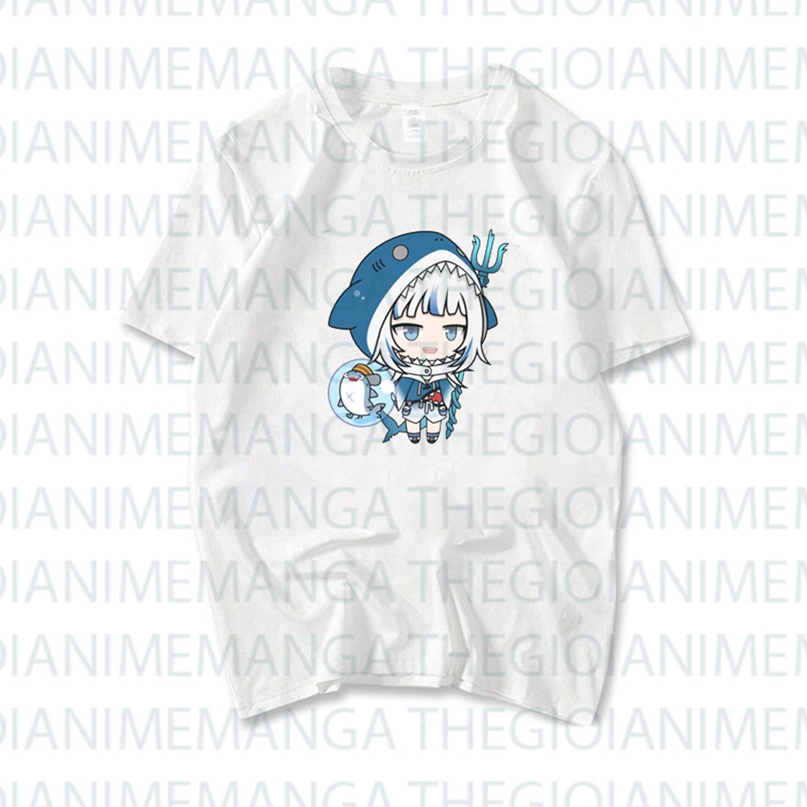 Áo thun phông đen trắng in hình GAWR GURA Hololive Vtuber thời trang xinh xắn cá tính anime chibi