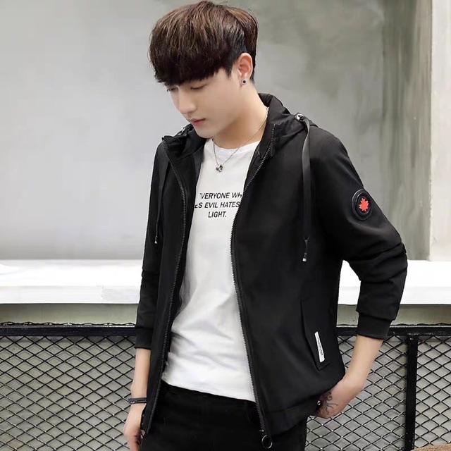 Áo khoác dù nam chữ V có mũ 2 màu đỏ đen sang chảnh TCS