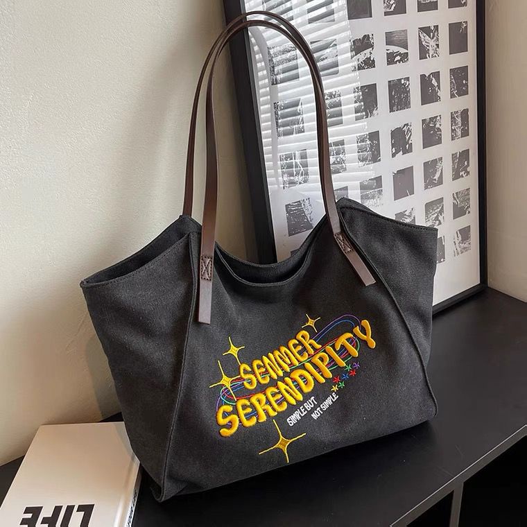 Túi Xách Vải Denim Đen Khóa Kéo Thời Trang Hàn Quốc Cho Nữ