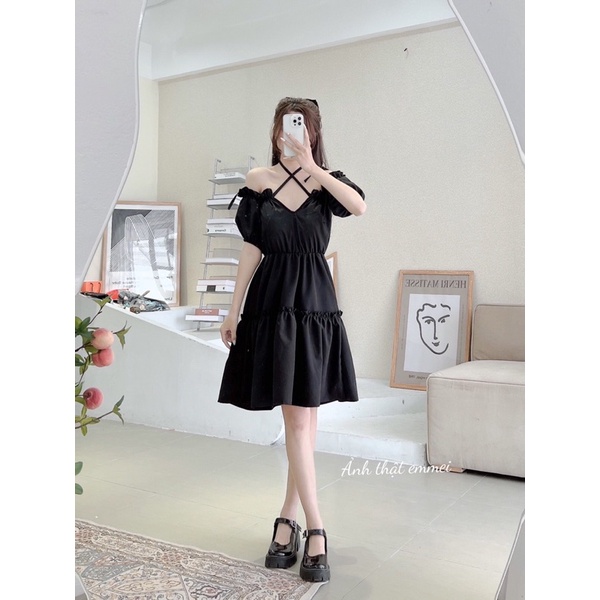 Đầm 2 dây, váy babydoll angel đen buộc nơ trễ vai Emmei v82 | BigBuy360 - bigbuy360.vn
