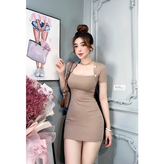Váy body cổ vuông cúc dáng ngắn sexy,có 2 màu đen nâu ,BIGGSIZE, cao cấp