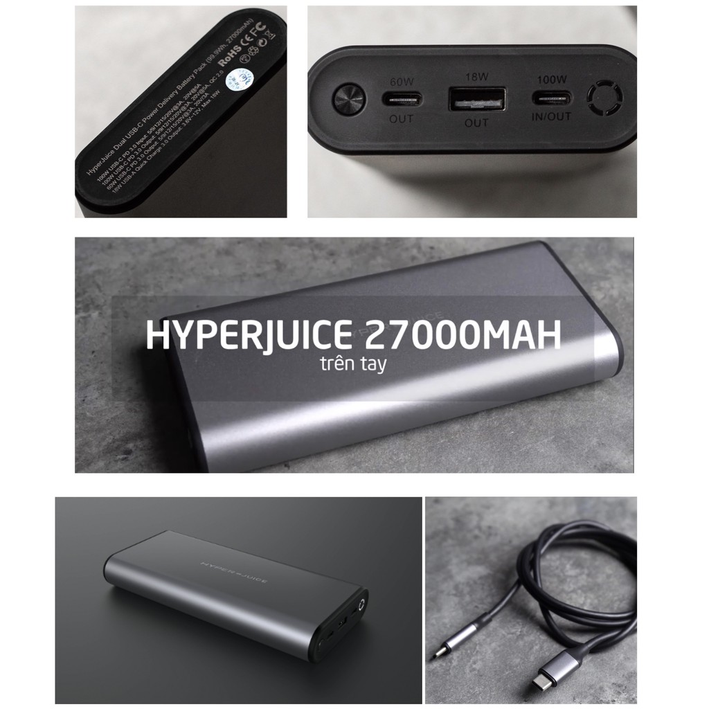 Pin sạc dự phòng Macbook Pro, Dell cao cấp USB-C PD 3.0 130W HYPERJUICE AIRLINE SAFE 27000mAh - HJ307