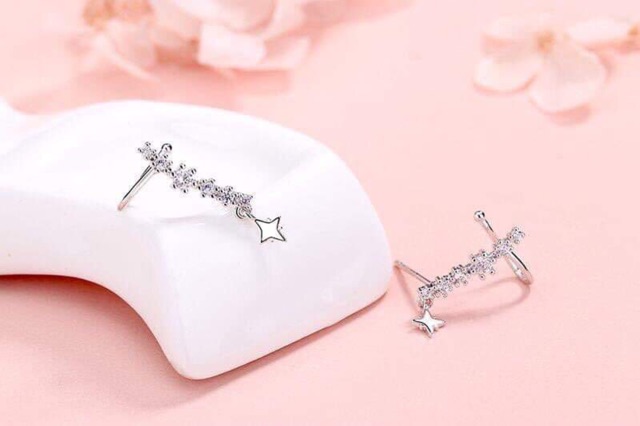 Khuyên tai kẹp vành bạc thật mạ vàng trắng (xi kim) ngôi sao và bạc ta