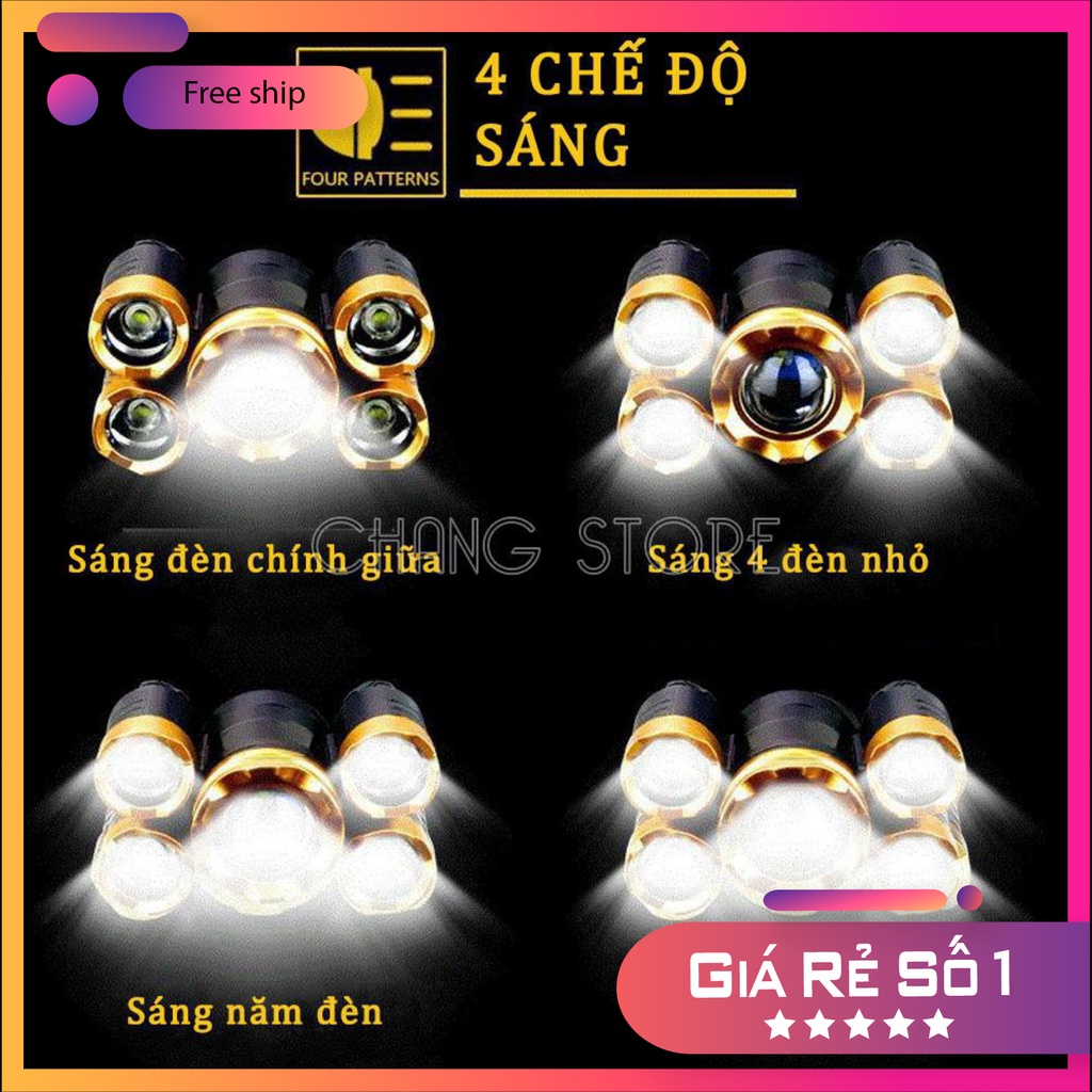 Đèn Pin Đội Đầu 5 Mắt Siêu Sáng Loại Bóng To Bảo Hành 12 Tháng