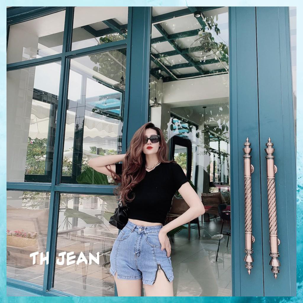 [TH Jeans] Quần sooc bò trơn, quần shorts jeans lưng cao túi chéo khóa gấu lệch. Mã S0105 | BigBuy360 - bigbuy360.vn