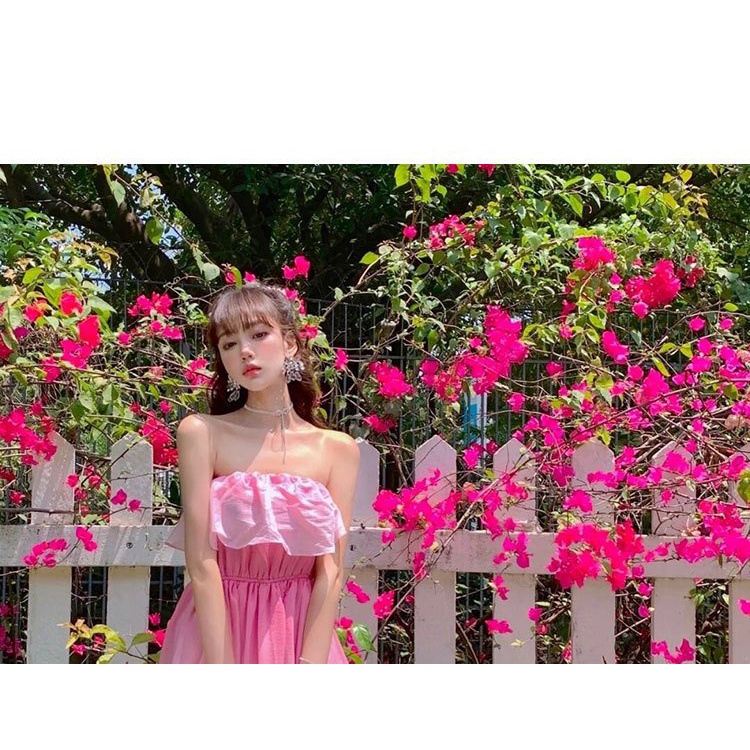 Váy Maxi LUHAZO đi biển nữ trễ vai đẹp dự tiệc dáng dài xòe hở lưng kiểu Hàn Quốc thiết kế sang chảnh DK5