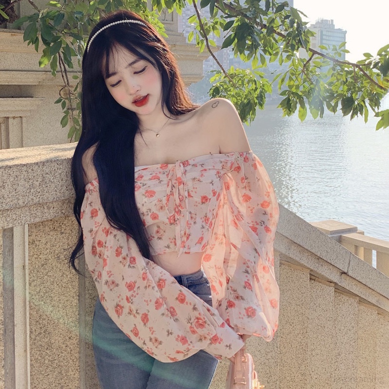 Áo Croptop Trễ Vai Phong Cách Hàn Quốc Quyến Rũ Cho Nữ