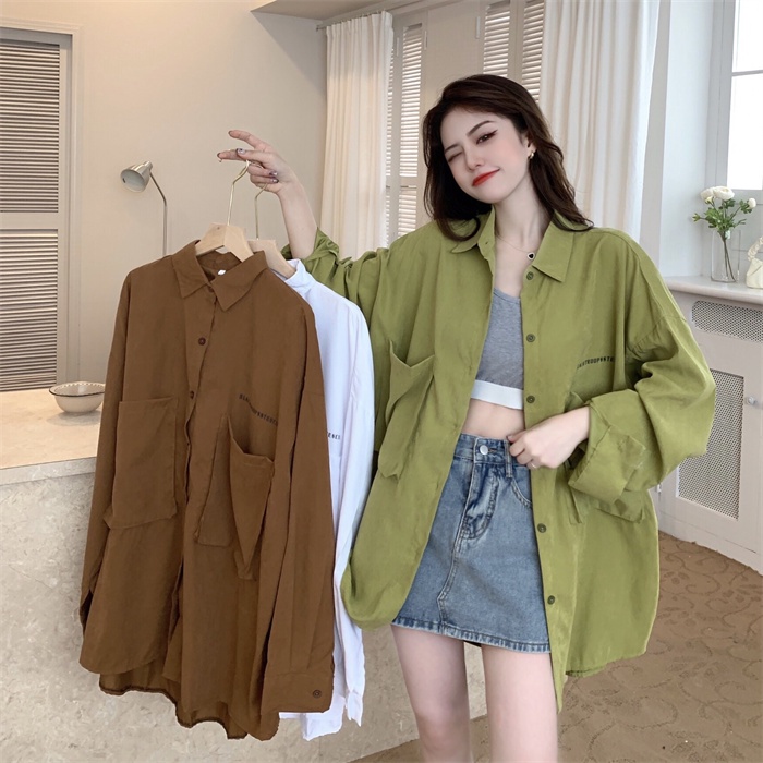 Áo sơ mi SUXI tay dài dáng rộng đơn giản thời trang cho nữ