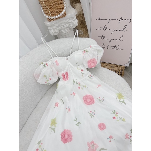 ĐẦM MAXI HOA CÚP NGỰC 2 DÂY RỚT VAI PHỒNG