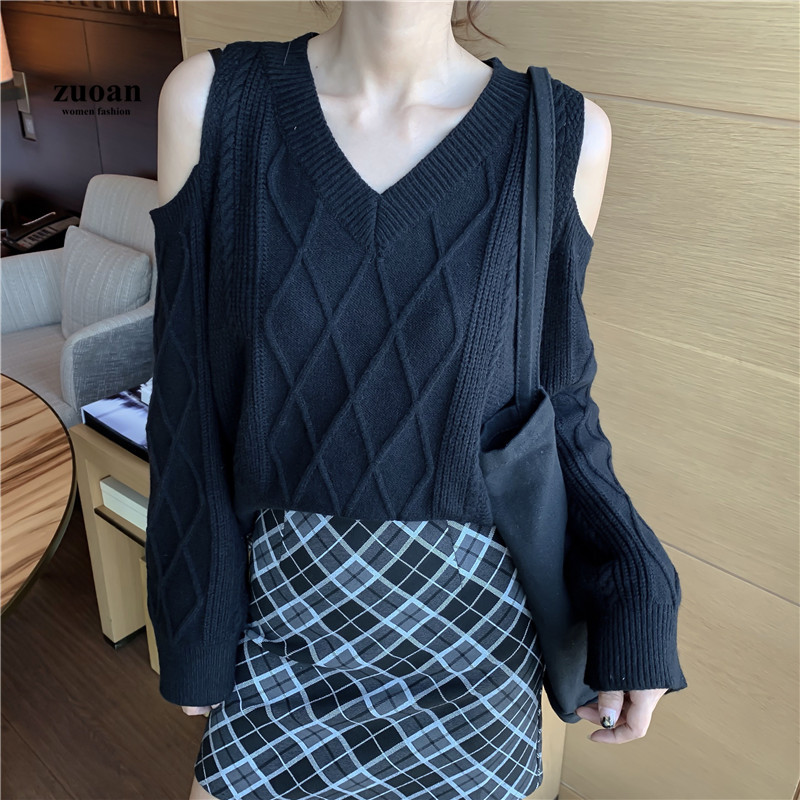 SUXI Áo Dệt Kim Nữ Tay Dài Cổ Chữ V Trễ Vai Thời Trang