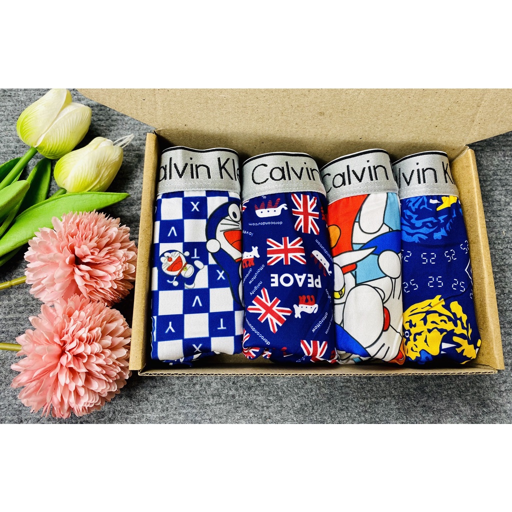 Hộp 4 sịp đùi thun lạnh hoạ tiết HOẠT HÌNH cap chữ, chất co dãn tốt, thấm hút mồ hôi