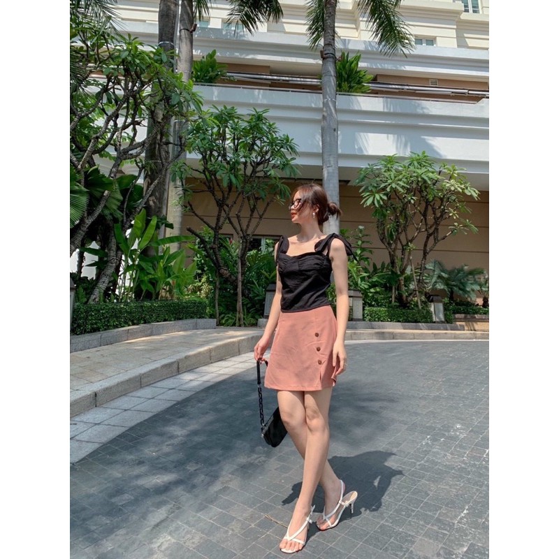 SET ĐỒ EMMA SET gồm áo croptop cúp ngực cột nơ tay chất linen thun &amp; chân váy xẻ tà form trẻ trung chất kaki cao cấp