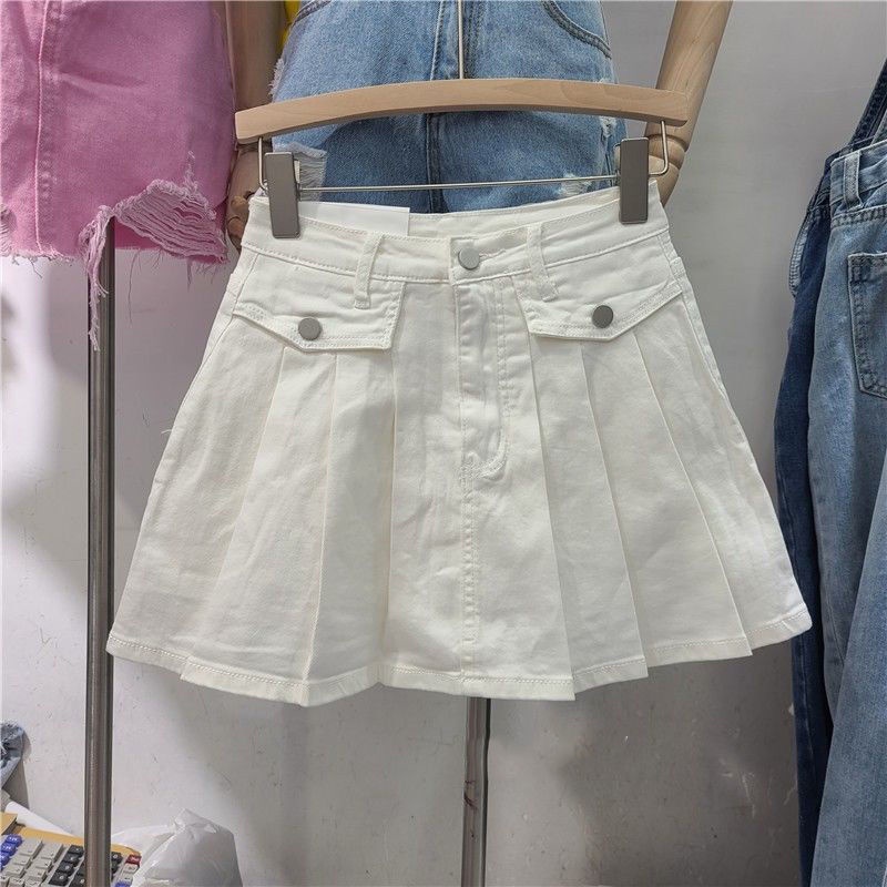 Chân váy denim chữ A xếp ly đơn giản phong cách Hàn Quốc thời trang mùa hè 2022 dành cho nữ