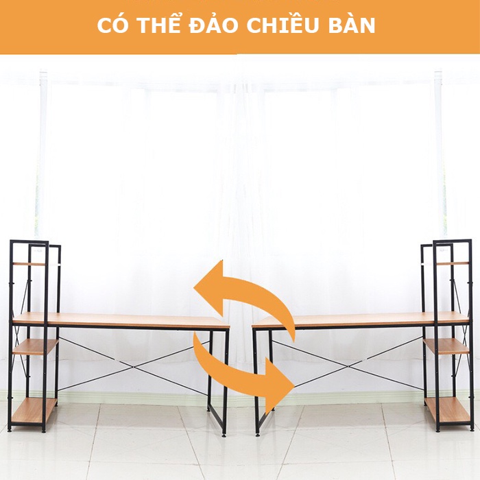 Bàn làm việc học tập kiểu hàn chữ H phối kệ sách đa năng, có 2 thanh giằng sắt ngang rất chắc chắn