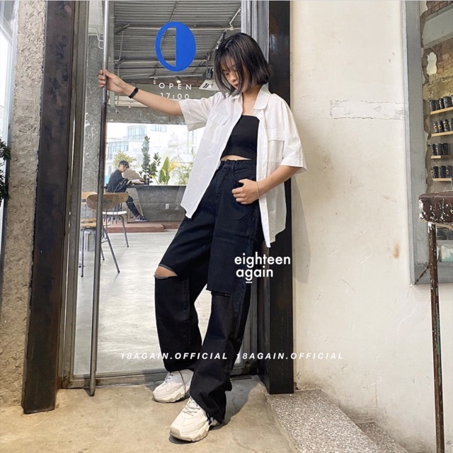 [Bigsize] Quần Suông Ống Rộng Đen Trơn/ Rách 2 Gối, Lưng Cao Qua Rốn, Không Giãn | BigBuy360 - bigbuy360.vn