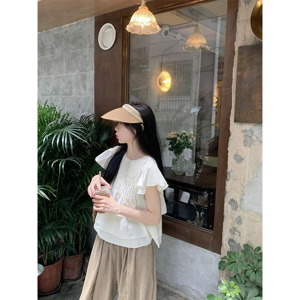 Áo Sơ Mi Cổ Tròn Xếp Ly Nhỏ Viền Tay Áo Bay Phong Cách Mới 65487