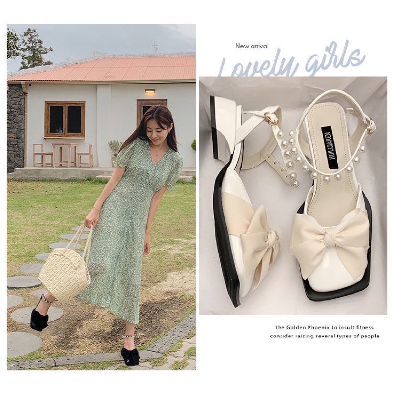 Giày mary jane nơ xinh KERRY mũi vuông cao 3cm quai ngọc phong cách vintage