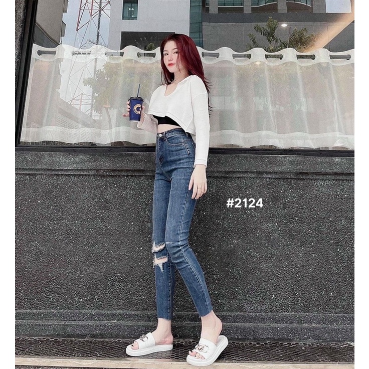 Bigsize (31-35) QUẦN JEANS ÔM BODY LƯNG CAO SIÊU CO GIÃN VNXKFresship size lớn Rách Gối - TC Shop Jeans Ms 2129