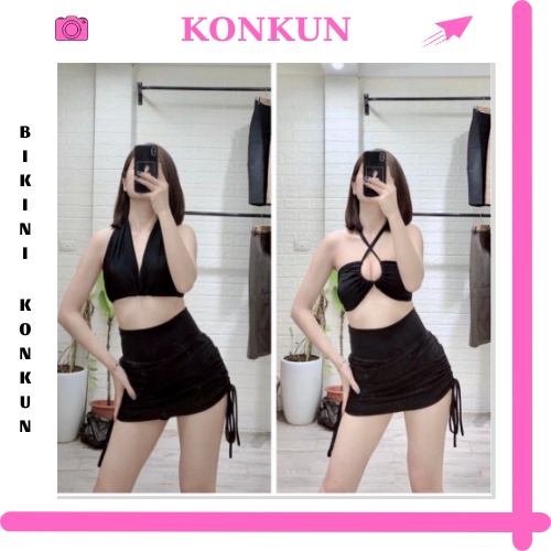 Bikini 2 Mảnh Đẹp Quần Giả Váy Áo Buộc Dây Mặc Được Nhiều Kiểu KONKUN MS72-ĐEN